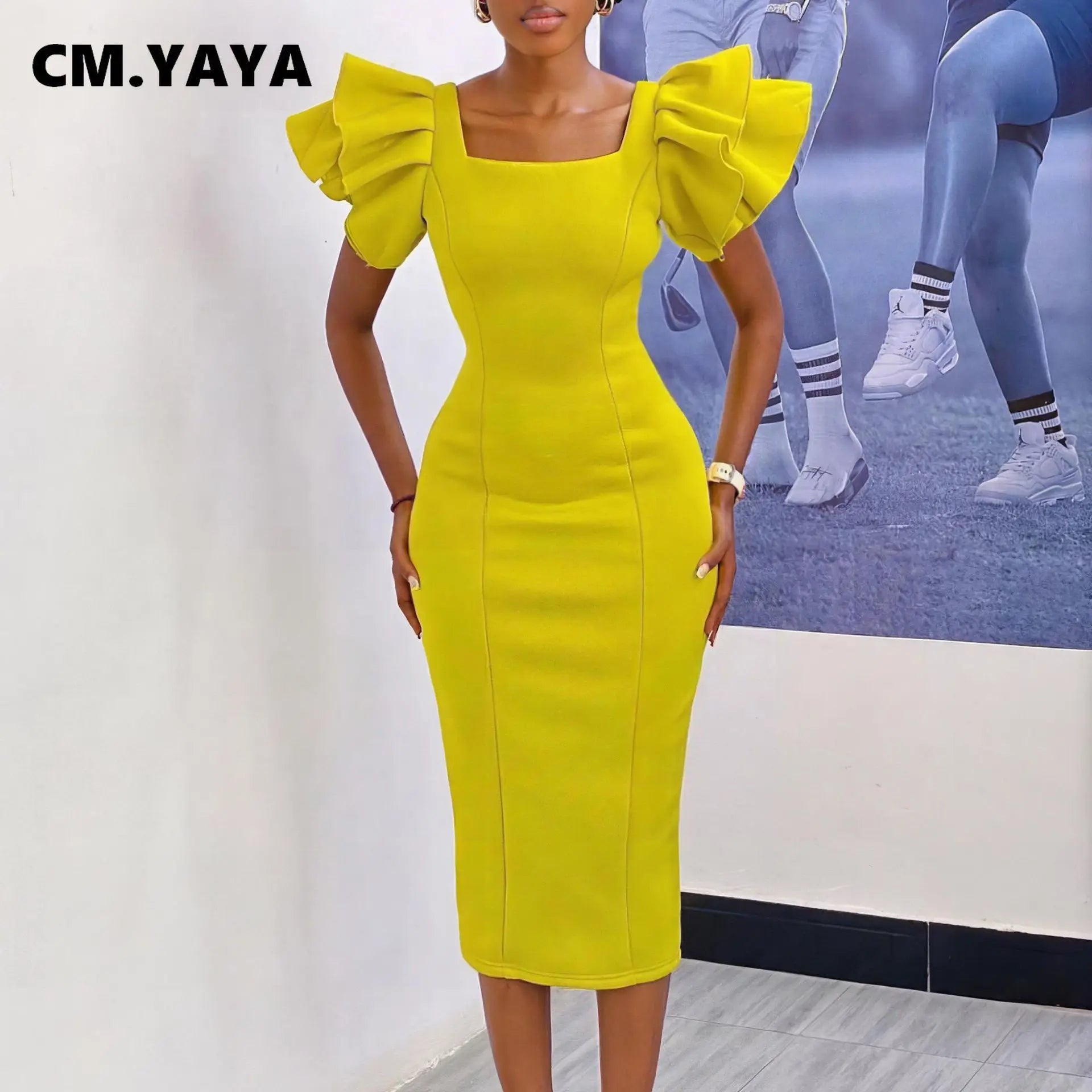 CM.YAYA Women Ruffles Short Sleeve Square Collar Knee Length Dress Street Vestidos Sexy Night Club Party Evening Chic Dresses