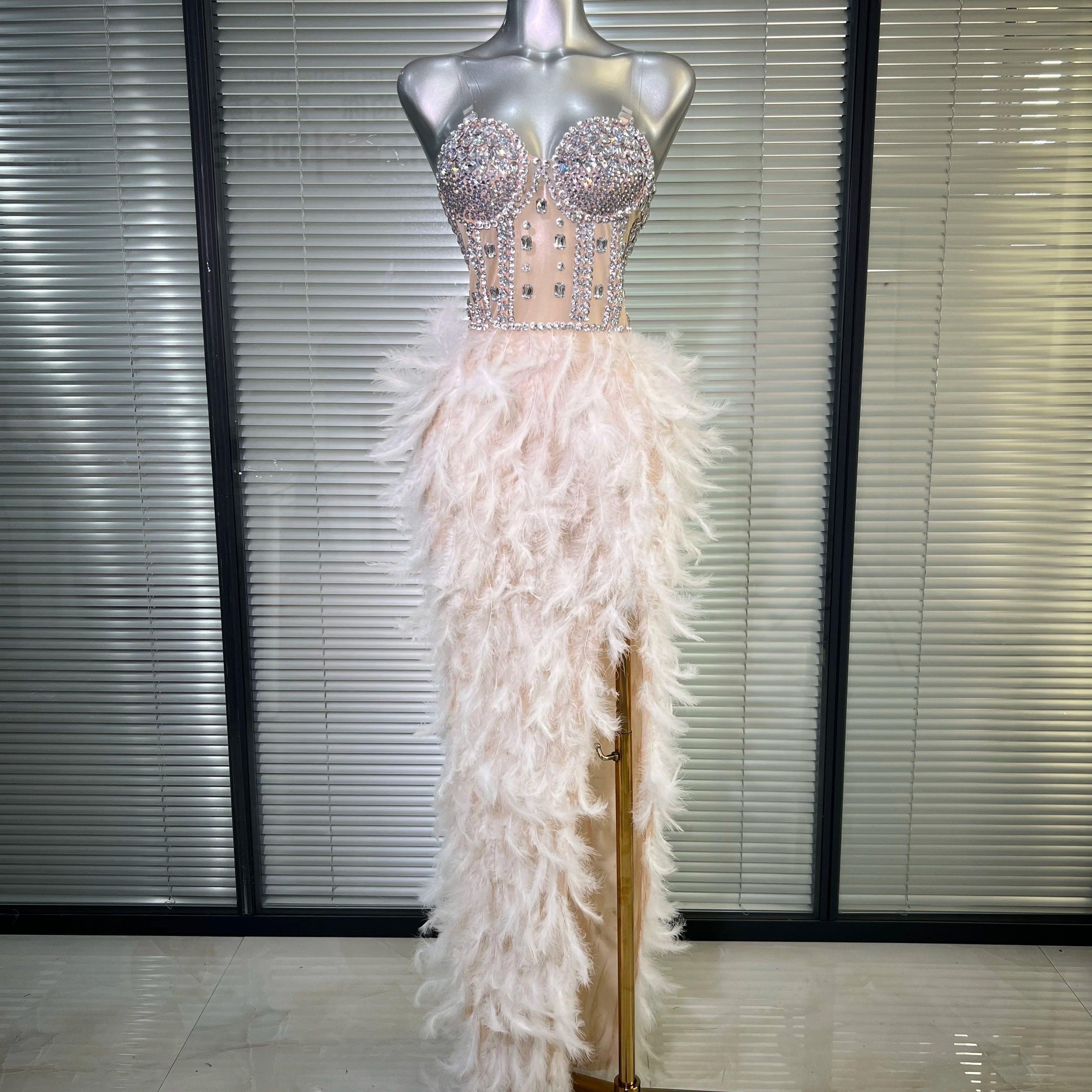 New Women Sexy Mesh Stretched Split Feathers Performance Costume Stage Black Nude High Stretchy Night Club Party Maxi Dress