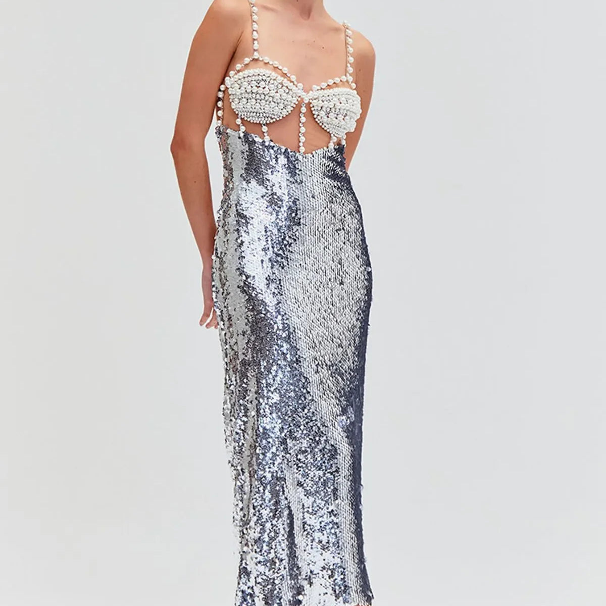 Fashionable Haute Couture  Woman Evening Dress  Pearl Sliver Sequins Spaghetti Strap Long Dress  Celebrity Birthday Party Outfit