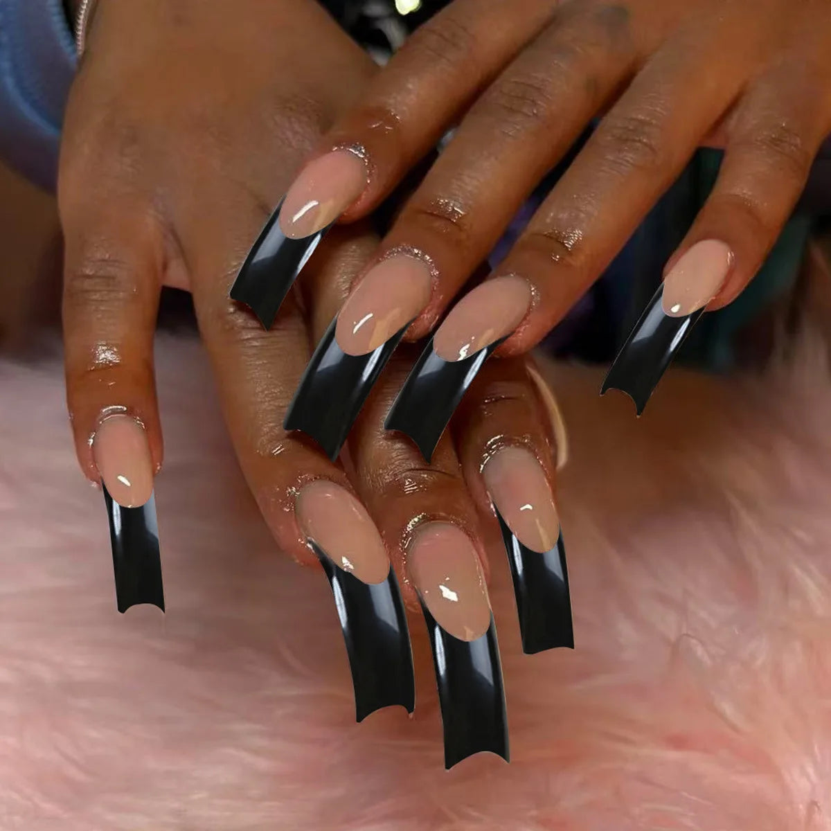 24Pcs Long Curve False Nails Colorful Smudge French Stripe Flower Press on Fake Nails Detachable Finished Full Cover Nails Tips