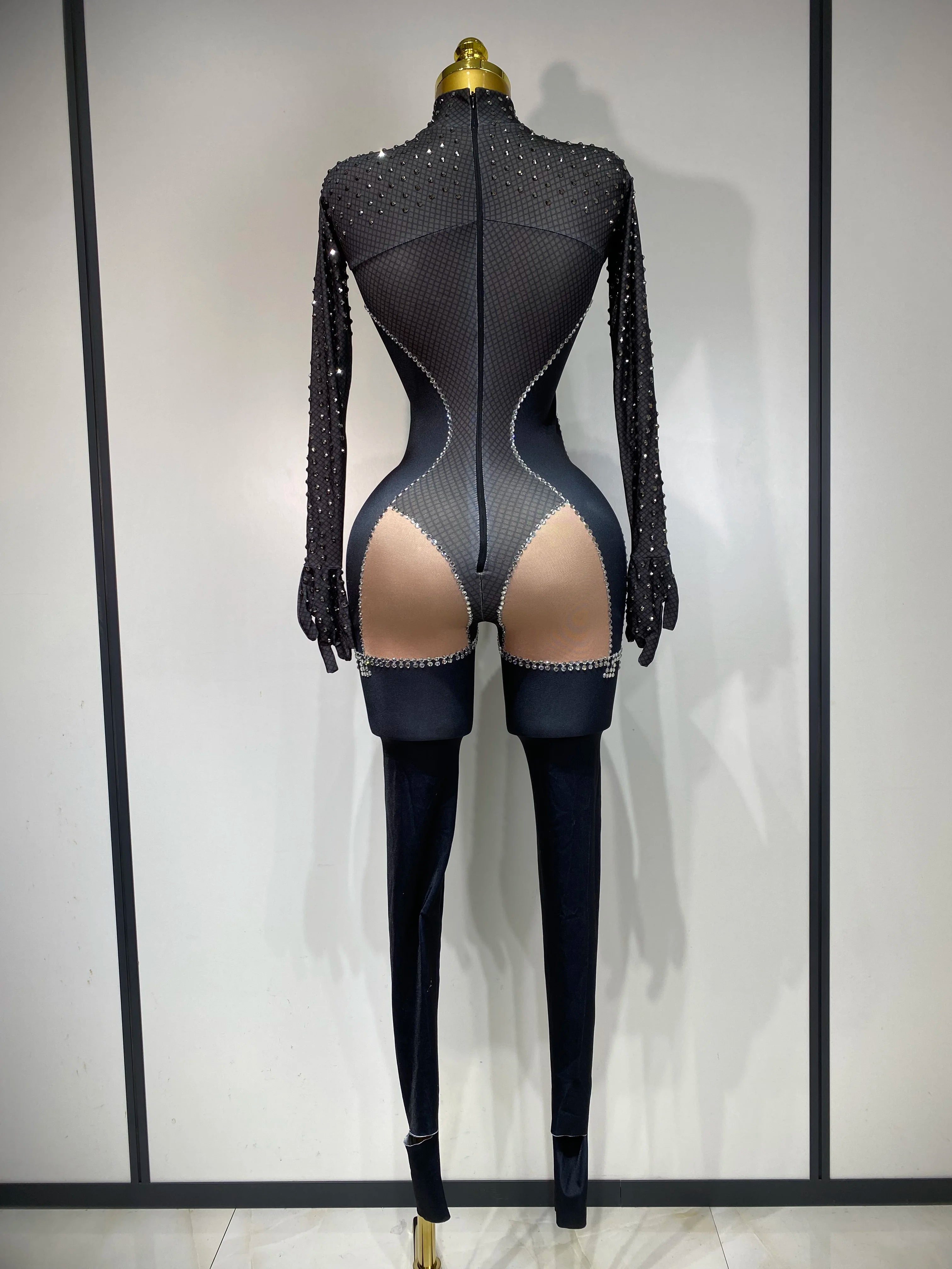 Sparkly Diamond Women Sexy Bodycon Jumpsuit Nightclub Bar Party Show Gogo Dancer Clothing Drag Queen Outfit Stage Costume