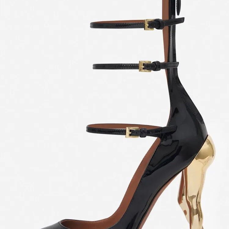 Women's New Lacquer Leather Black Show Irregular High Heel Knee Length Women's Boots Fashion Round Head Side Zipper Party Boots