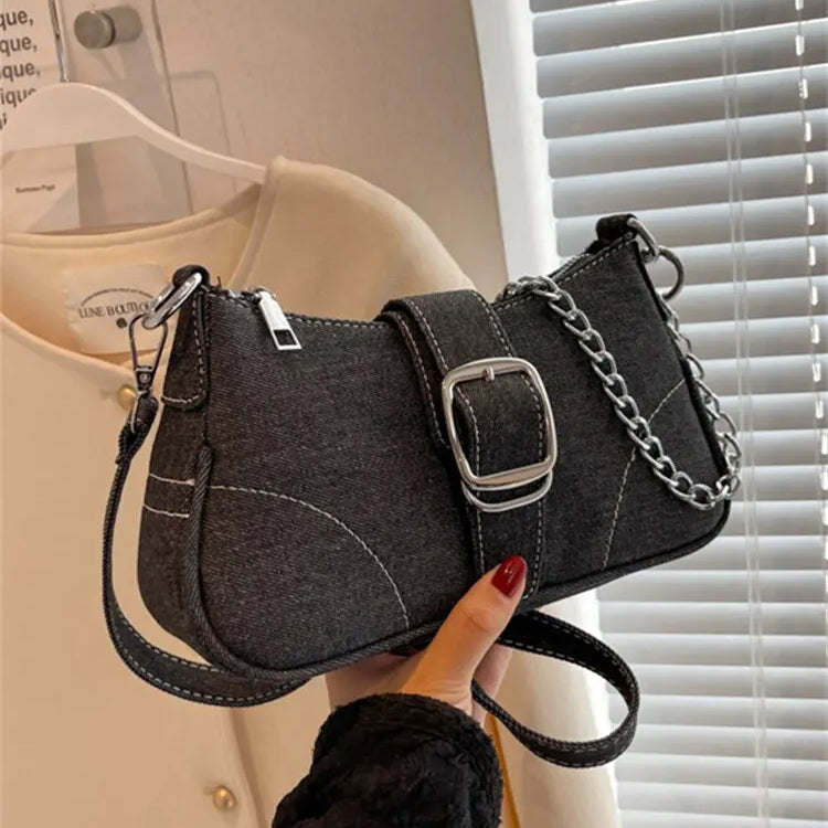 Fashionable Denim Personalized Design Exquisite Texture Shoulder Underarm Small Square Bag Black