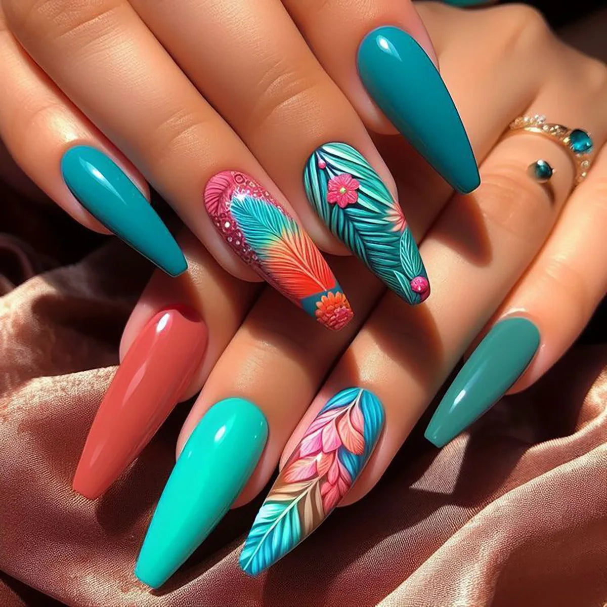 24pcs/set Short Medium long fake nails for women girls Spring summer flowers butterfly flamingo blue pink press on false nails