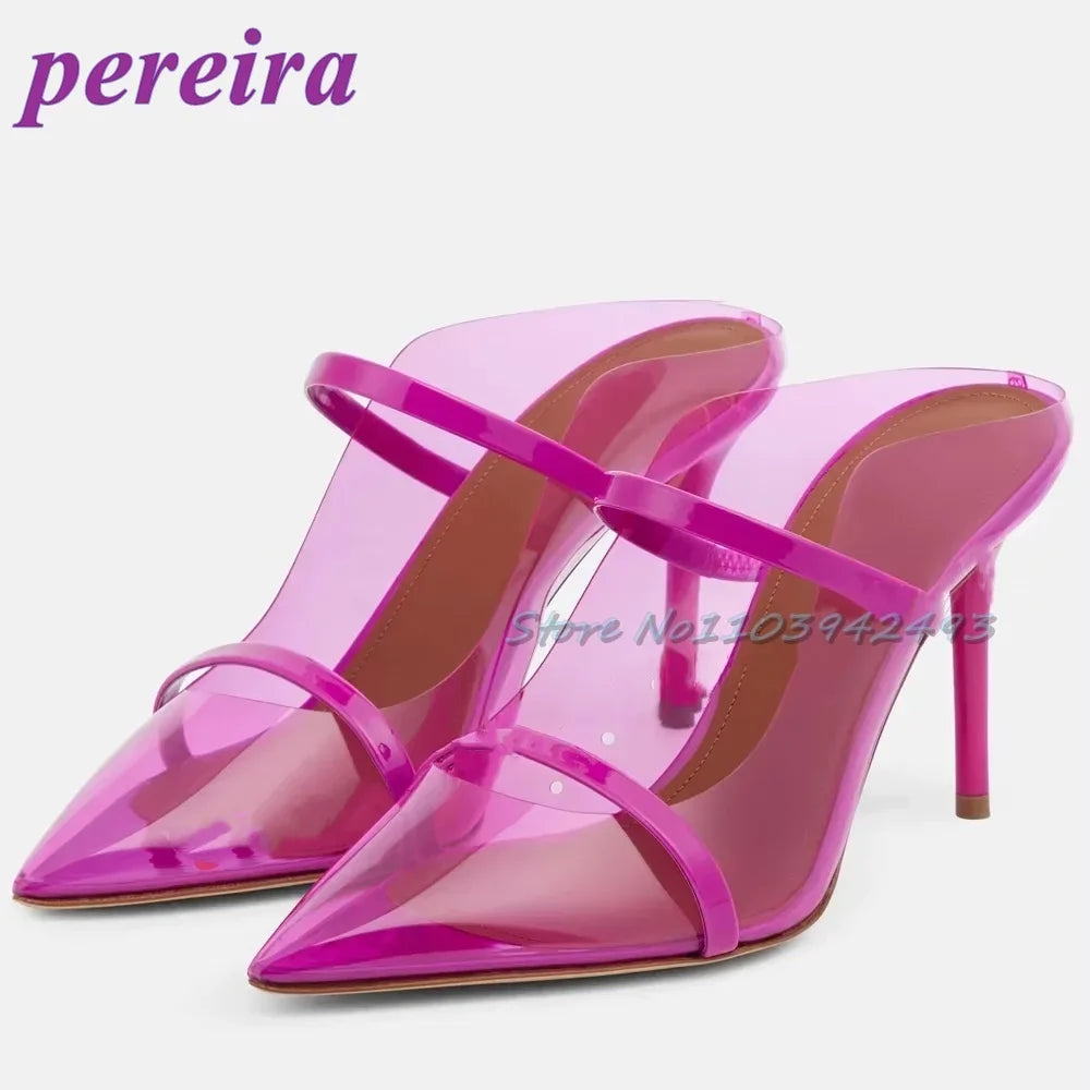Transparent Blue PVC  Sandalias De Mujer Pointed Toe Heeld Sandals Shallow Strappy Heels Women Luxury Designer Shoes 2025 Mules