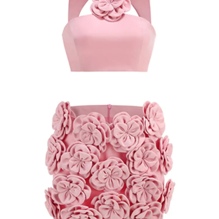 Women Celebrity Sexy Tank Flower Backless Pink Mini Summer Skirt Set 2024 Elegant Evening Club Party Outfits