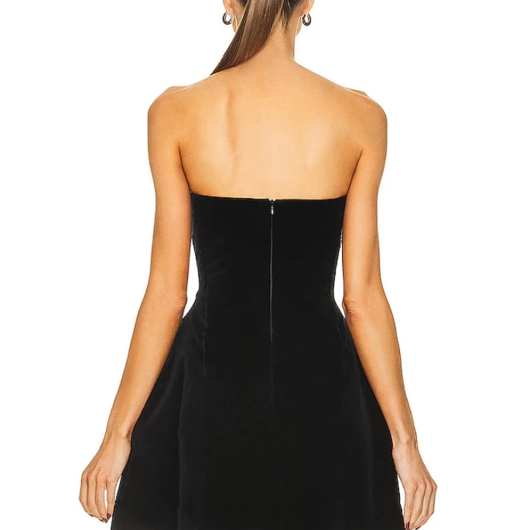 Sexy Strapless Heart Shape Crystal Design Mini Dress Women Black Velet Red Heart Diamond Design A-line Dress Evening Party Club