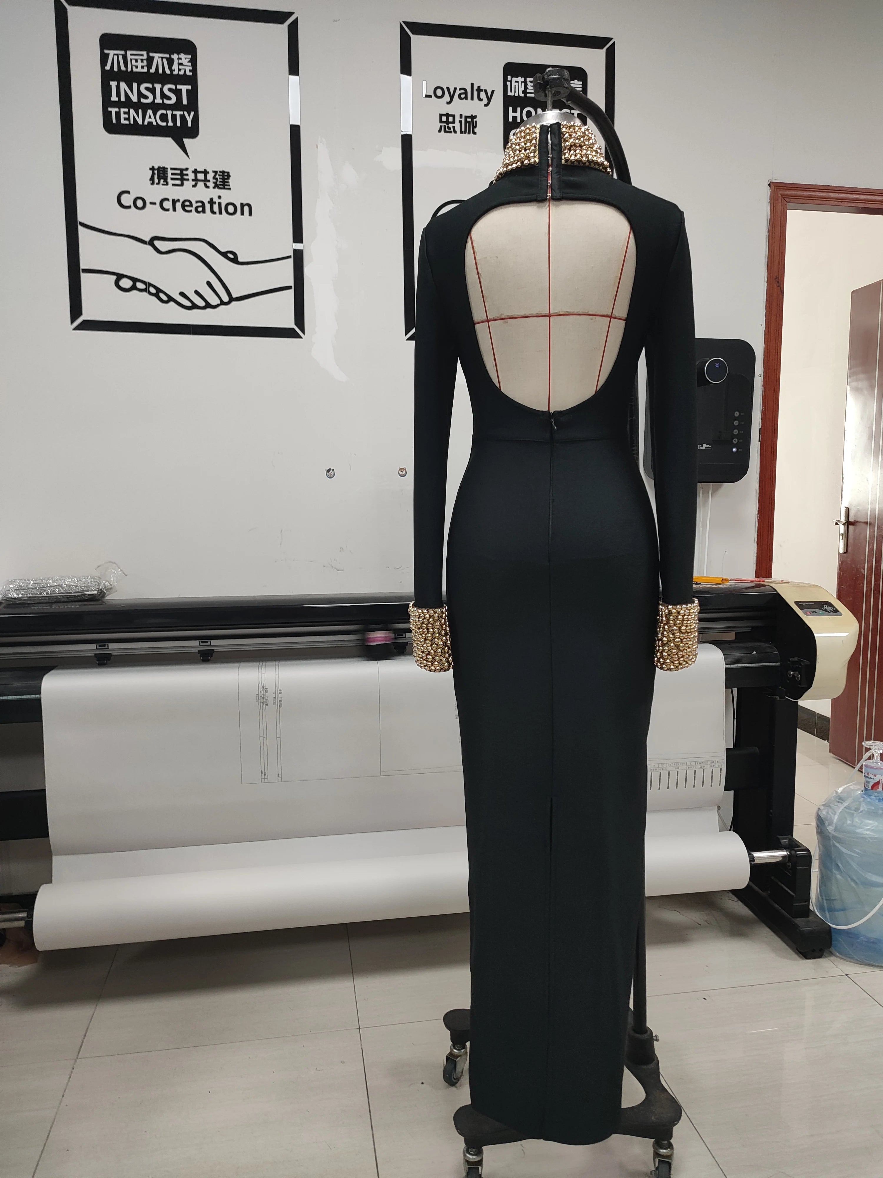Winter Black Women Long Sleeve Sexy Golden Beading Bodycon Bandage Long Dress Backless Celebrate Evening Party Outfit