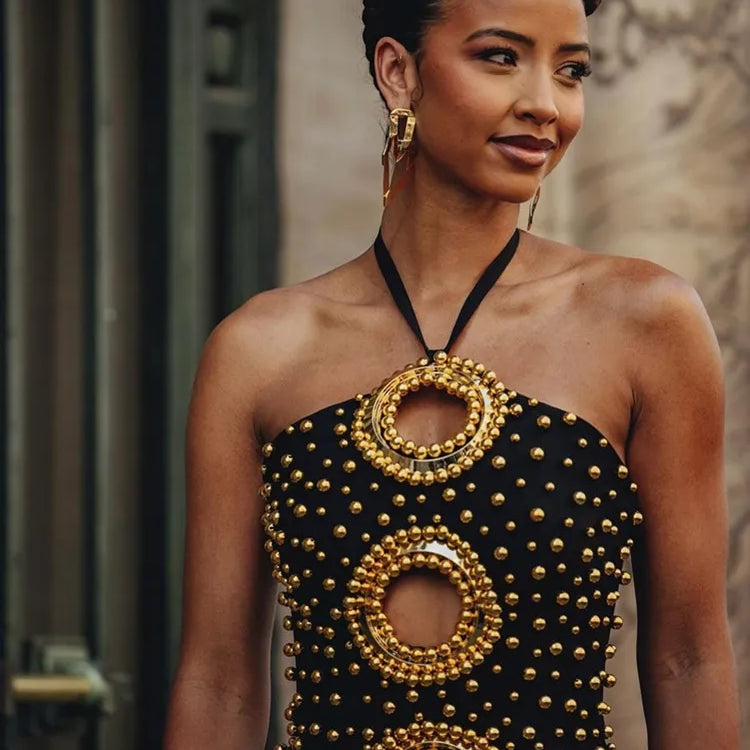 Women Sexy Backless Halter Pearl Black Maxi Long Beading Celebrity Bodycon Bandage Dress 2025 Elegant Evening Club Party Outfit