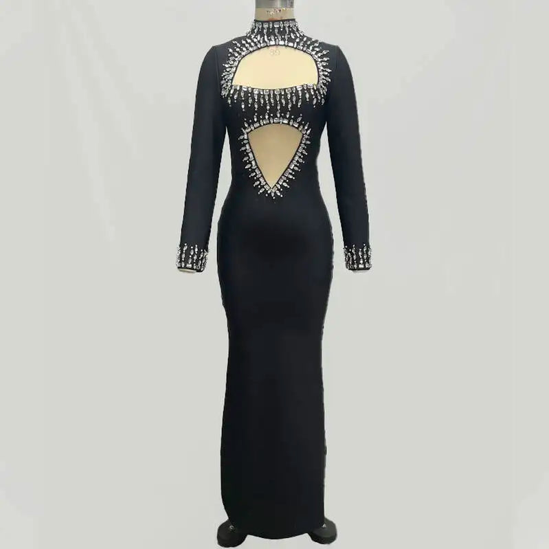 Winter Style Women Long Sleeve Sexy Mesh Sparkly Crystal Bodycon Long Bandage Dress Fashion Celebrate Evening Party Dress