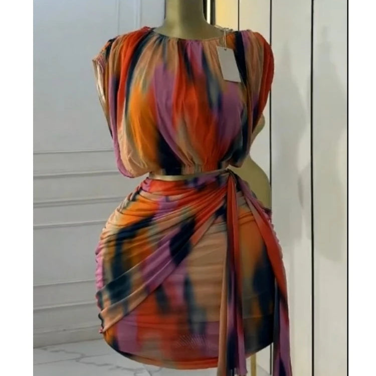 CM.YAYA Tie Dye Printed Women's Set Ruched Short Sleeve T-Shirt Tops and Stacked Mini Skirts Suit 2025 Two 2 Piece Sets Outfit