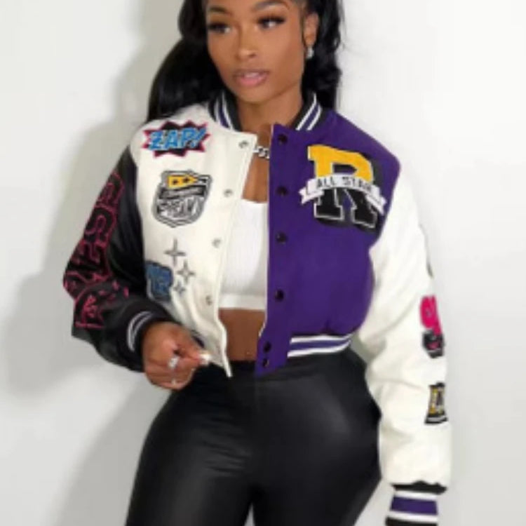 Overcoat Casual Letter Print Patchwork Jacket Round Neck Regular Fit Blazer Women Y2k Style Fall Coat Autumn Winter Short Jacket Purple