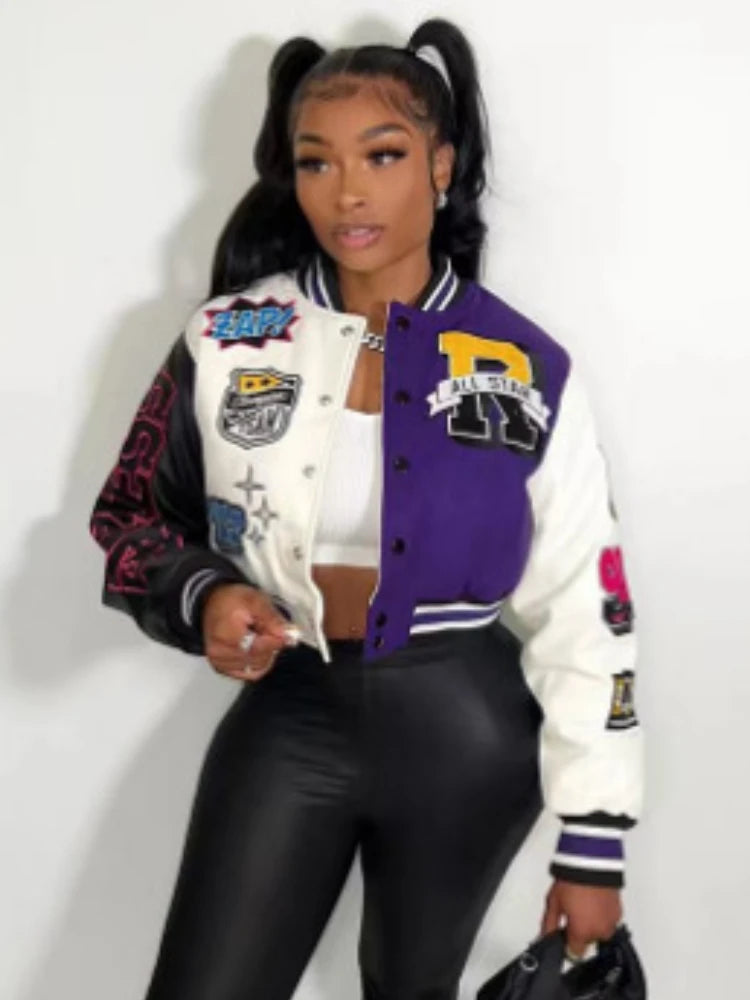 Overcoat Casual Letter Print Patchwork Jacket Round Neck Regular Fit Blazer Women Y2k Style Fall Coat Autumn Winter Short Jacket Purple