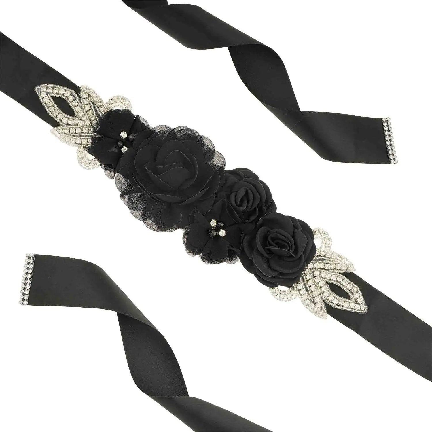 Wedding Accessories Bridal Belts Satin Flower Sash Woman Girl Belts Flower Bead Belts Floral Belt Wedding Rhinestone Flower Belt 1-Black