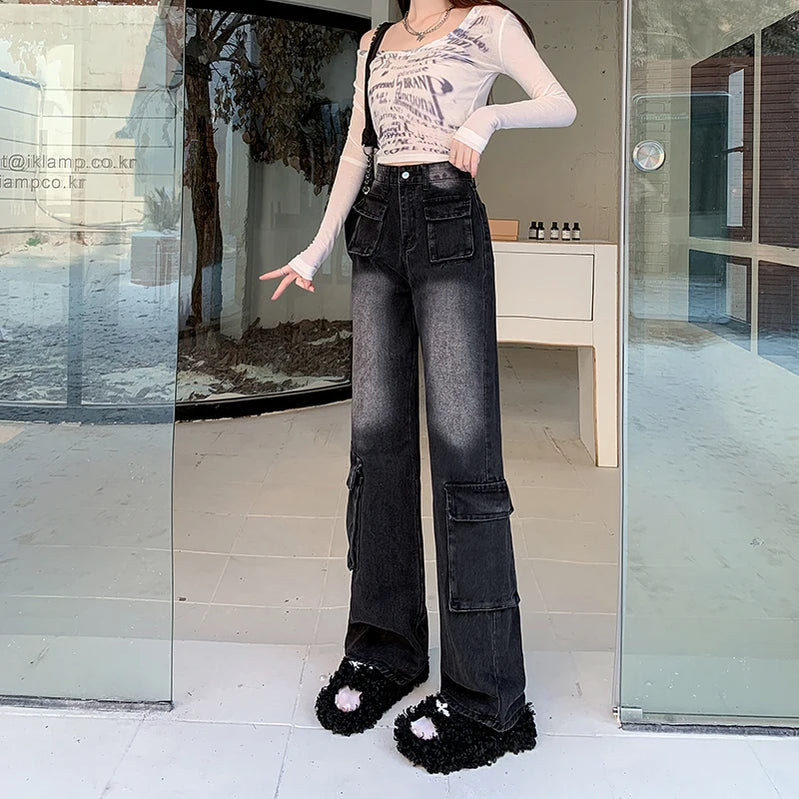 Autumn Winter New Straight Tube Cargo Jeans Woman American Retro High Waist Pants Ladies Multipocket Y2k Baggy Jeans Women's