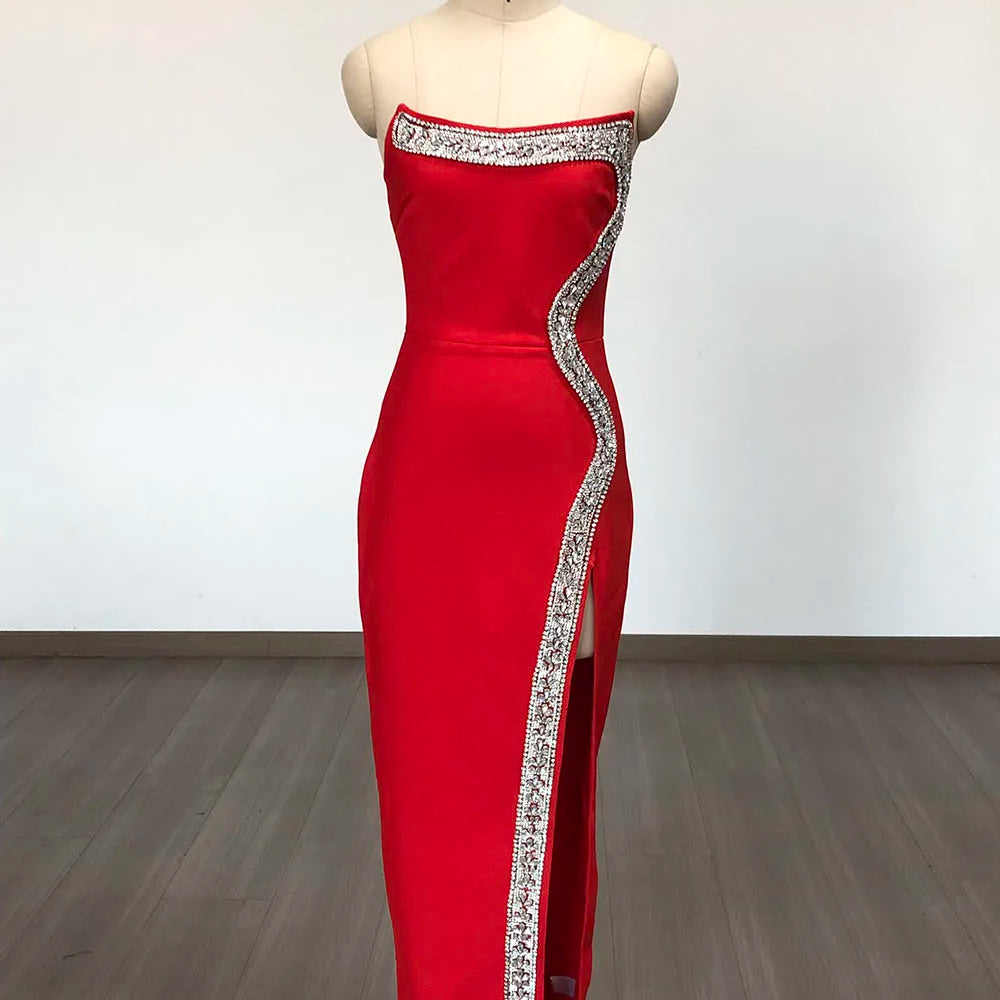 Red Black Women Sexy Strapless Shinning Diamond Line Bodycon Long Bandage Dress Elegant Birthday Party Cocktail Dress Outfit