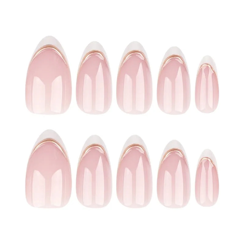 24Pcs Elegant Nude Almond Press-On Nails with Gold Stripes and White French Tips Reusable Full Cover False Nails for Women&Girls