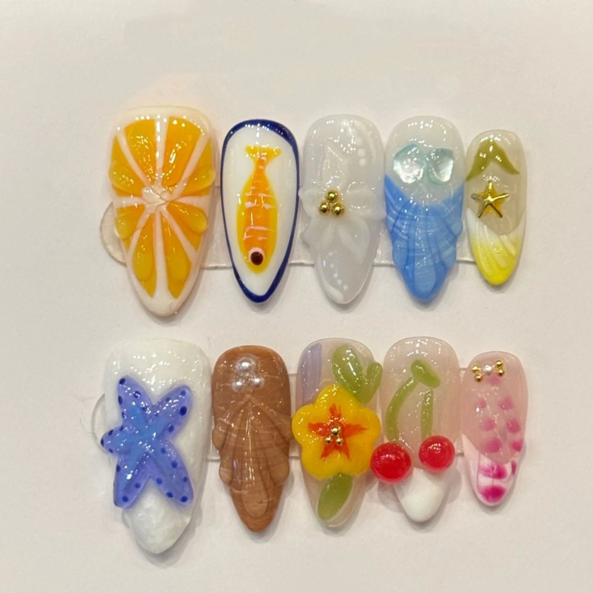 10pcs Flower Handmade Press on Nails Art Reusable Colorful Mid-length Almond False Nail Tips with Rhinestone Design Fake Nails