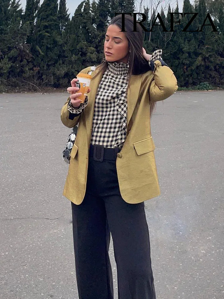 TRAFZA Autumn New Women's Fashion Gold Blazer Retro V Neck Party Long Sleeve Button Up Women's Pocket Casual Blazer Chic Top
