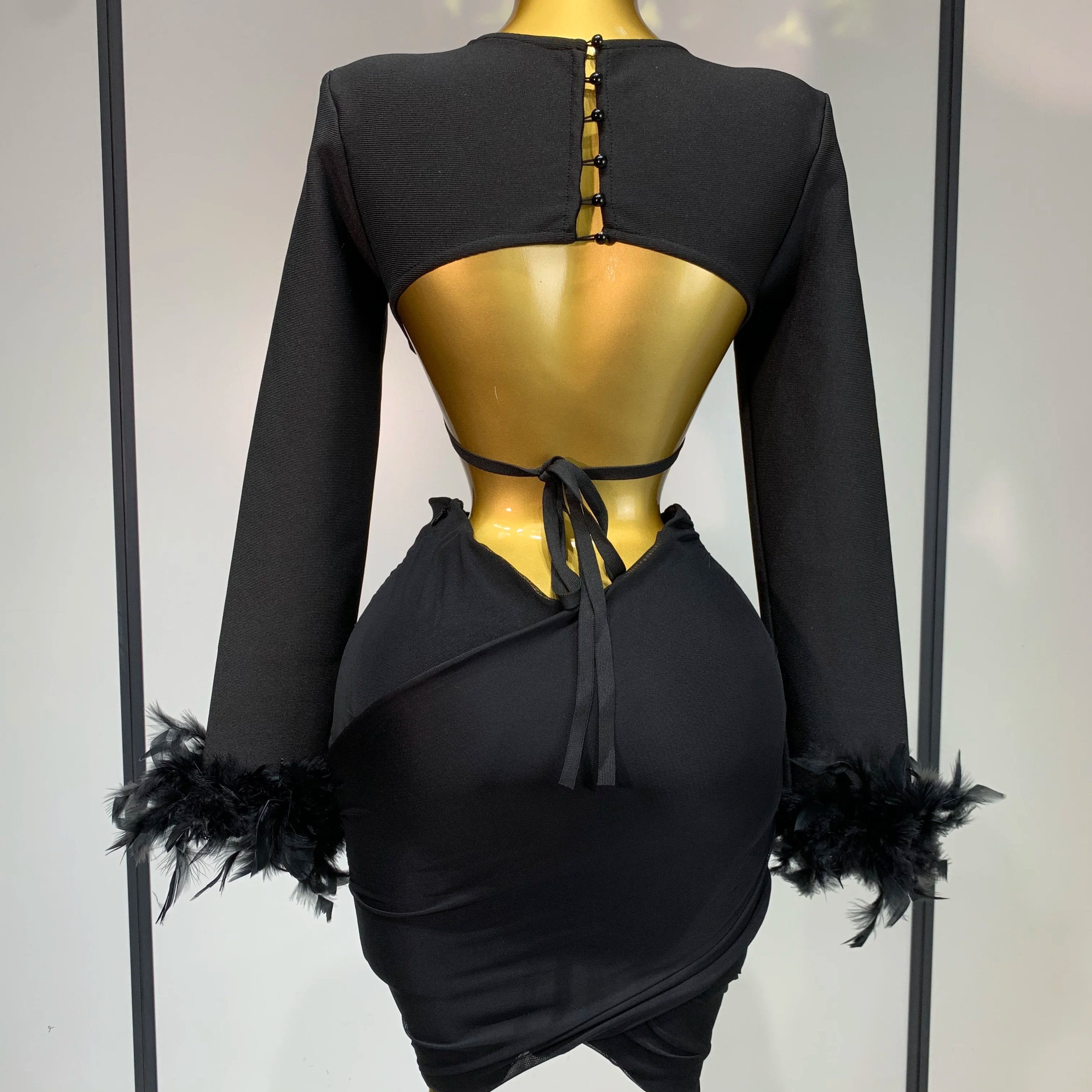 Luxury Birthday Dress Women Sexy Long Sleeve Feather Black Mesh Mini Bodycon Bandage Dress Elegant Evening Club Party Dress ﻿