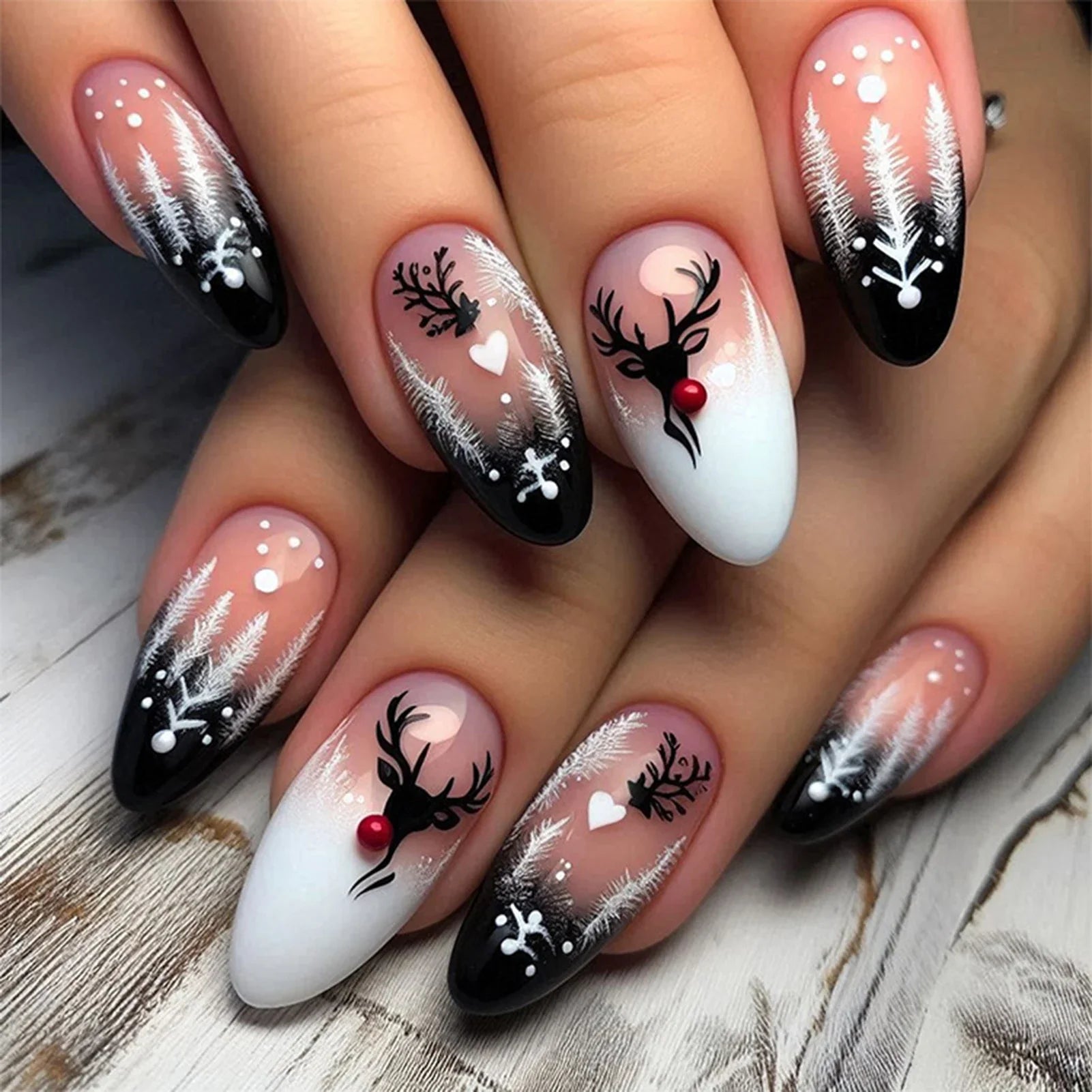 24Pcs Christmas Fake Nails Reindeer Printed Short Almond Press On Nails Black/White French Reusable False Nails DIY Manicure
