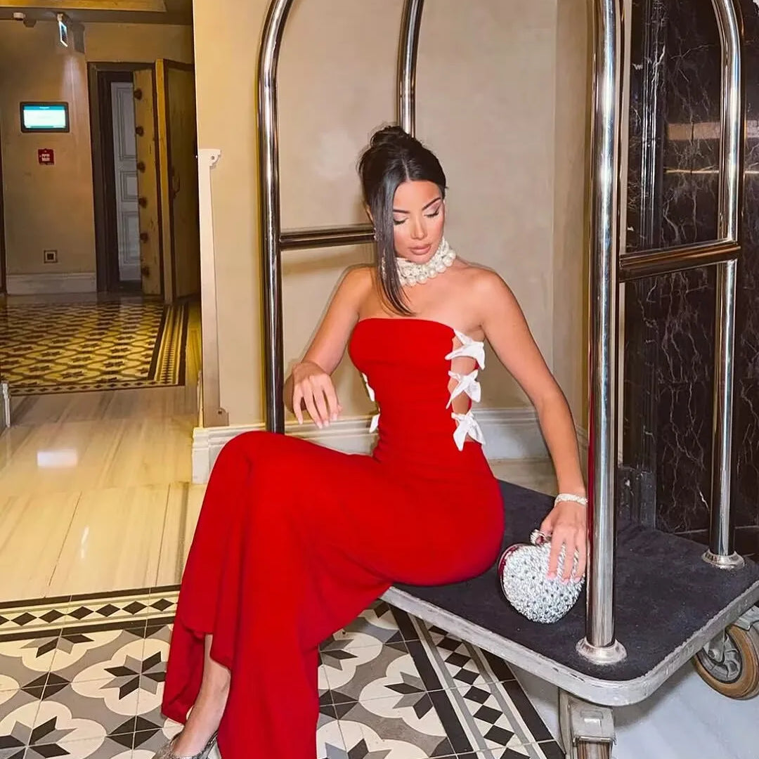 Red Black Women Sexy Off the Shoulder Bow Bodycon Bandage Long Dress Fashion Celebrate Evening Party Nightclub Wear