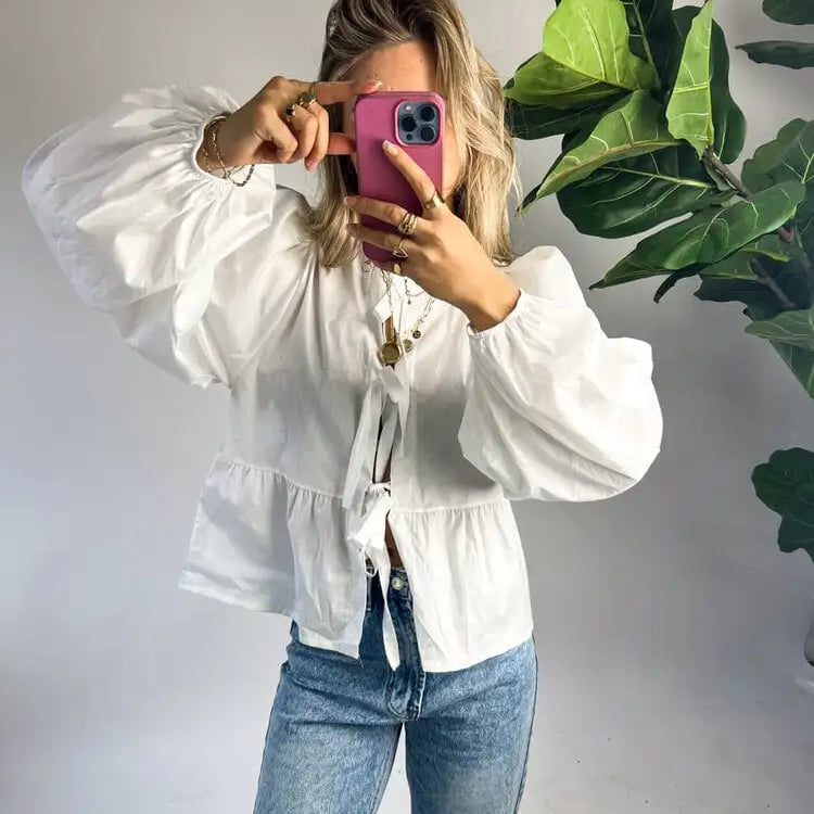 Bow Tied Lace Up Shirt Women Pleats Office Puff Sleeve Female Chic Slim Solid Tops Summer Sweet Lady V Neck Tops long sleeve white