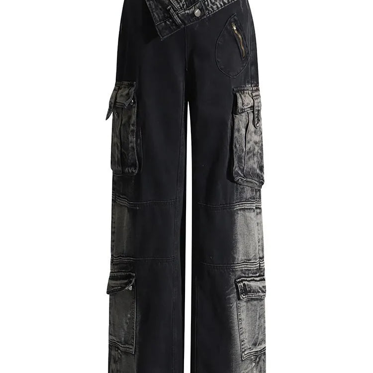 BPN Black Gothice Cargo Jeans For Women High Waist Patchwork Pockets Y2K Vintage Wide Leg Denim Pants Female Fashion Clothing