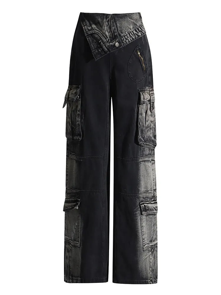 BPN Black Gothice Cargo Jeans For Women High Waist Patchwork Pockets Y2K Vintage Wide Leg Denim Pants Female Fashion Clothing