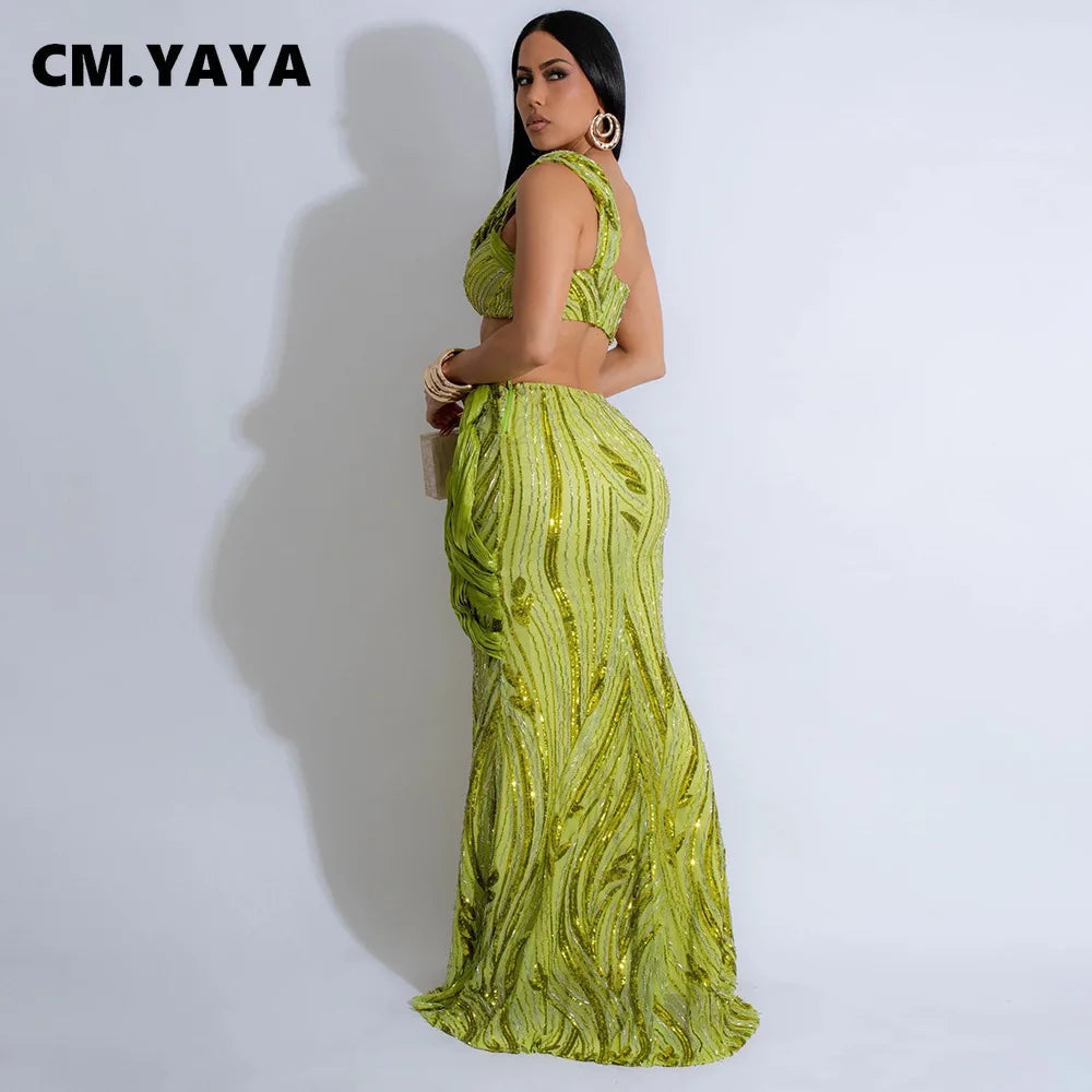 CM.YAYA Women’s Dress Set Mesh Sequined Ribbon Sleeveless Strap Top + Long Skirts Sets 2 Two Pcs Sets Sexy Party Evening Oufits