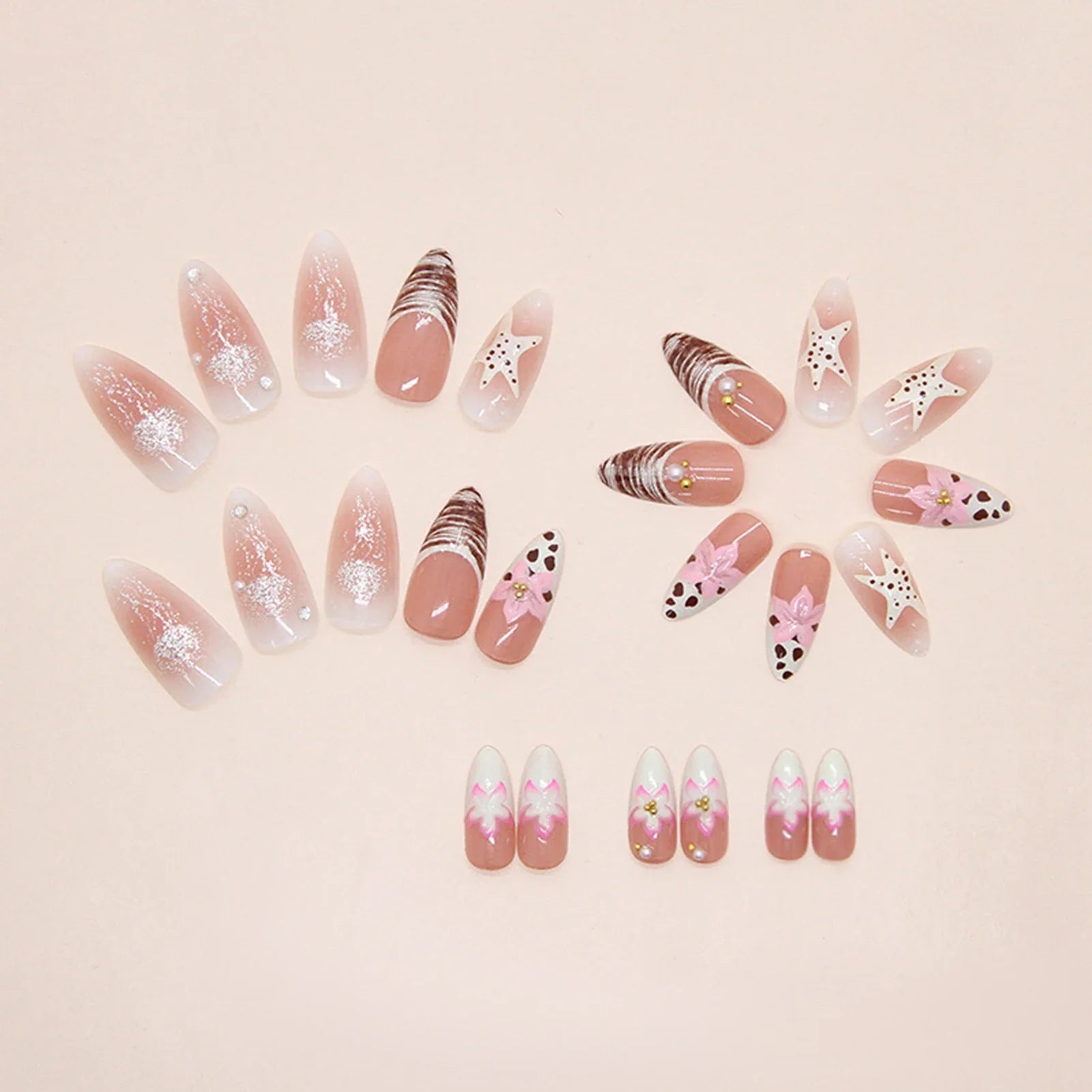 Blush Pink Almond Fake Nails 24Pcs Y2K Girls French Press On Nails Flower/Starfish Printed Full Cover Acrylic False Nails