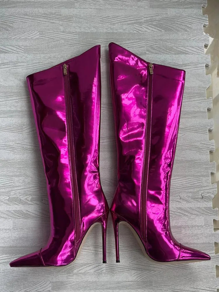 Thigh High Boots Candy Color Mirror Leather Women Knee High Boots High Heels Stilettos Runway Shoes for Women High Heel Boots