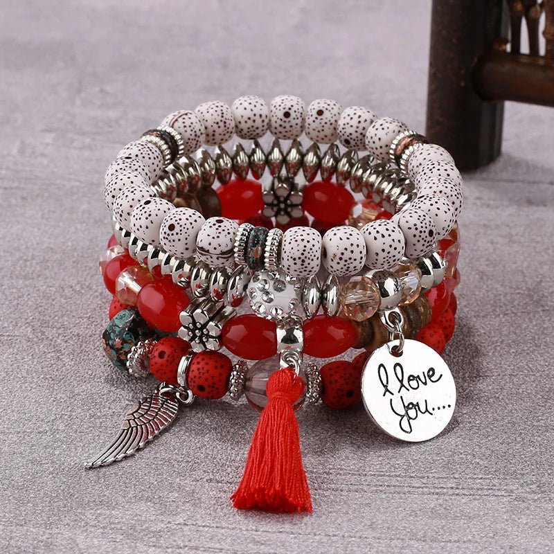 4Pcs Bohemian Women Pink Tassel Bracelet Set For Female I Love You Feather Round Charm Beads Chain Bangle Fashion Party Jewelry BR139-6