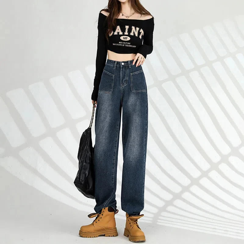 Autumn Winter New Straight Tube Women's Jeans American High Street Baggy Pants Woman Blue Gray Color Women's High-waisted Jeans blue gray