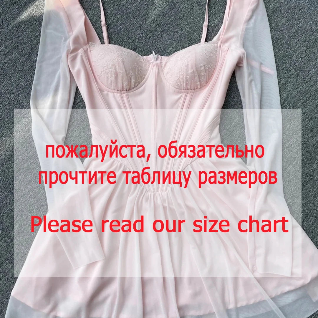 Suninheart Autumn Mesh Long Sleeve Dress Pink A Line Bodycon Birthday Party Dress Mini Holiday Vacation Dress Women 2023
