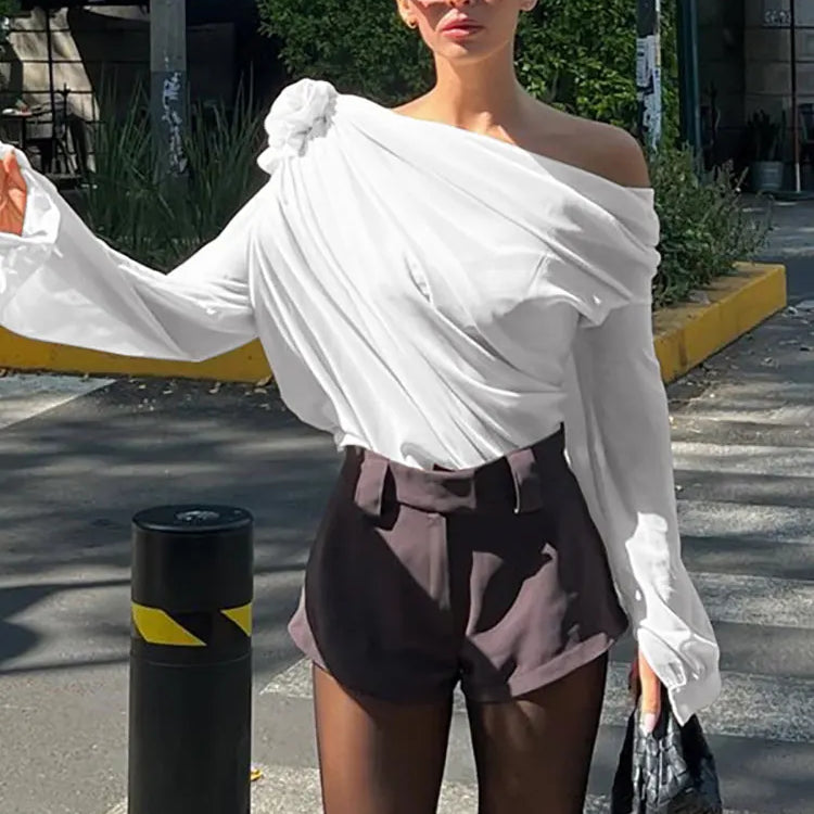 GACVGA Skew Collar Floral Mesh Chiffon Blouses Tops Tshirt Elegant T Shirt Fashion Crop Top See Through Women's Blouses & Shirts White