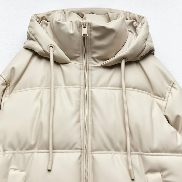 Women's Autumn Winter New Thickened Warm PU Imitation Leather Short Hooded Padded Jacket Top Faux Leather Parka Jacket Coat