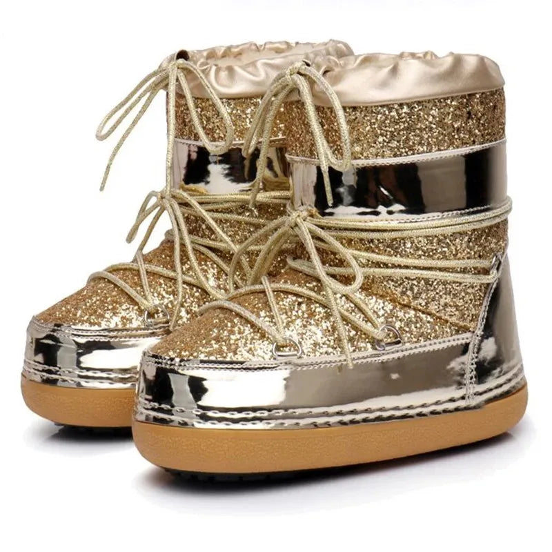 Winter Women Snow Boots Parent-Kid Waterproof Platform Non-slip Boots Children Boys Girls Lace-up Glitter Cotton Ski Boots