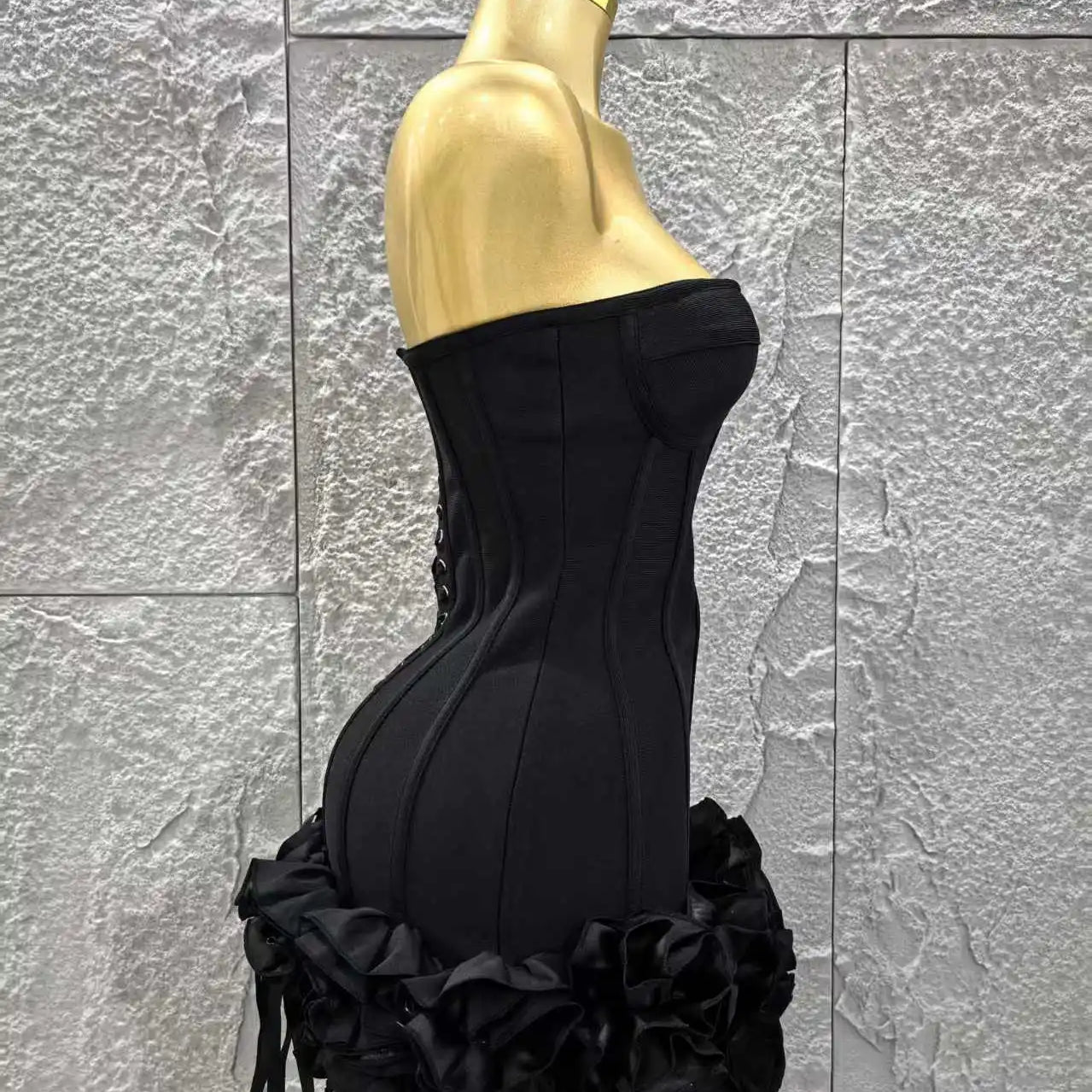 Black Color Women Sexy Strapless Florals Bodycon Mini Ball Gown Bandage Dress Celebrate Nightclub Party Bar Birthday Outfit