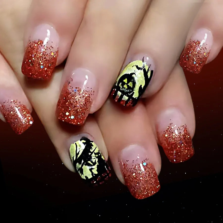 24Pcs Mid-length Square Manicure Tips Spider Rhinestone Love Spider Web Fake Nails Shiny Powder Detachable Press on False Nails