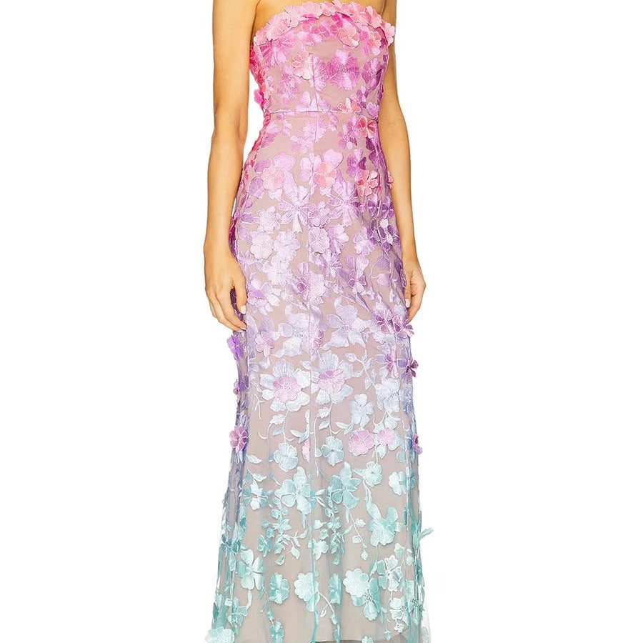 TWOTWINSTYLE Colorblock Spliced Appliques Elegant Dresses for Women Strapless Sleeveless Gradient Dress Female Fashion Clothing