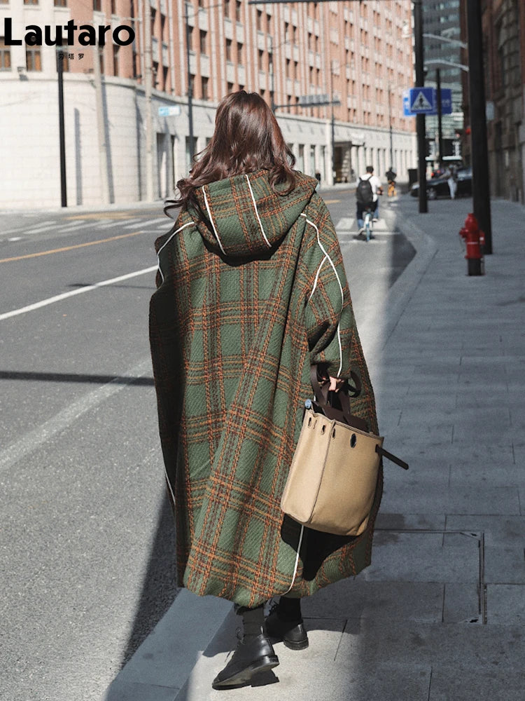 Autumn Winter Long Oversized Warm White Patchwork Plaid Wool Blends Trench Coats Women with Hood Runway Korean Fashion