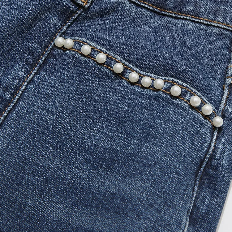 Denim Blue Women Jeans Beaded Spliced Autumn New Ankle-length Retro Elastic Female Flare Pants