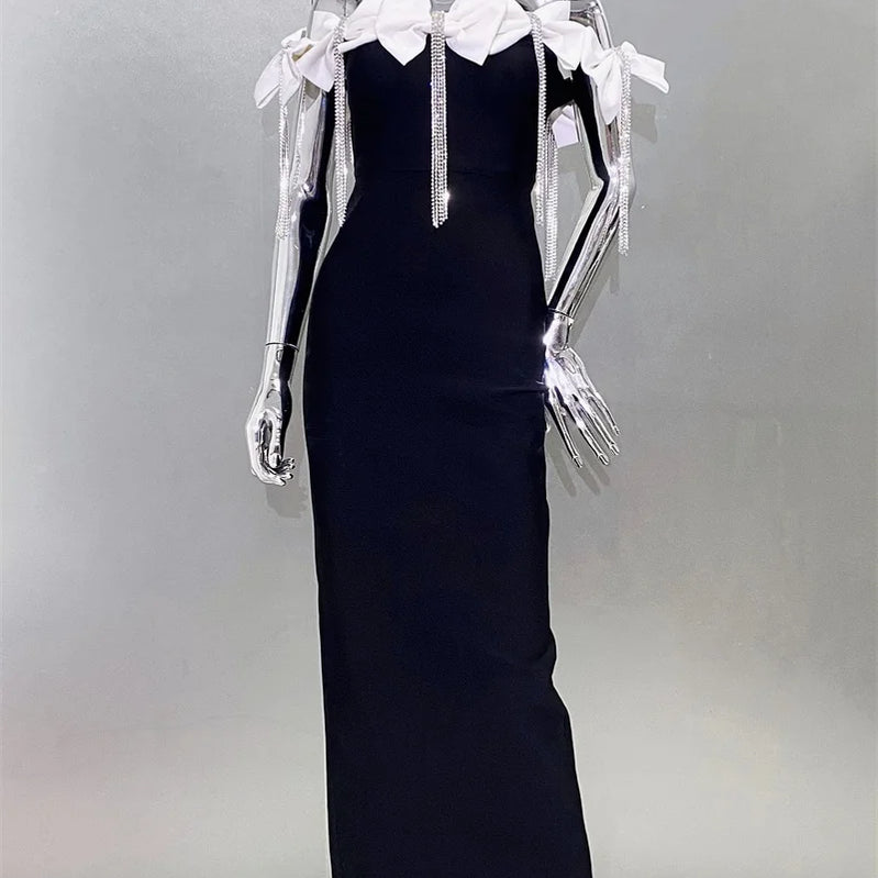 Sparkling Diamonds Tassel White Bows  Sexy Off The Shoulder Ankle Lenght Bandage Dress Woman Birthday Party Vestido
