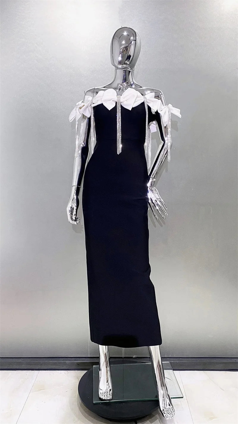 Sparkling Diamonds Tassel White Bows  Sexy Off The Shoulder Ankle Lenght Bandage Dress Woman Birthday Party Vestido