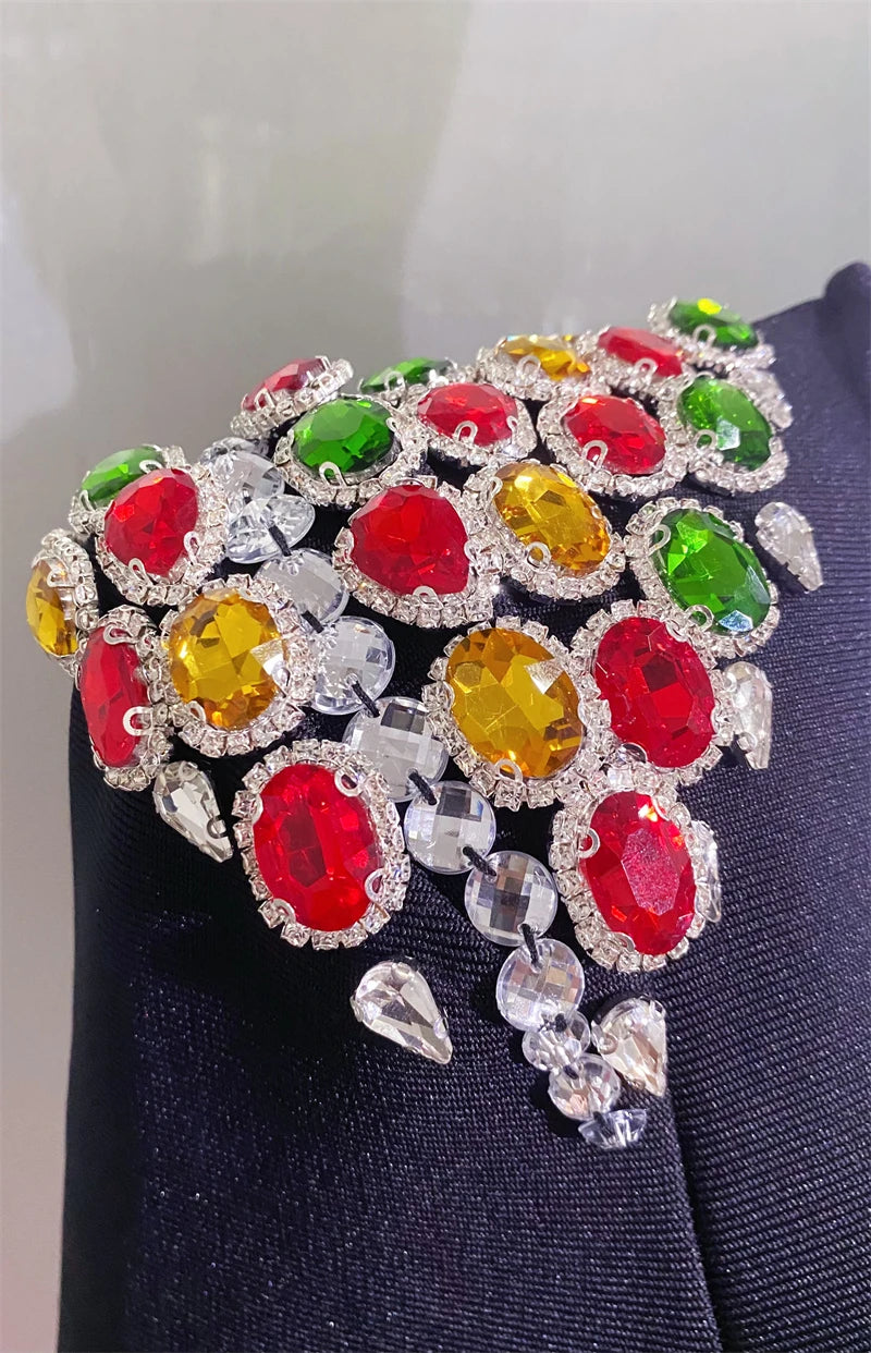 Luxury Colorful Diamonds Sexy Square Collar Black Bandage Dress  Fashion Woman Evening dress Celebrity Cocktail Party Outfit