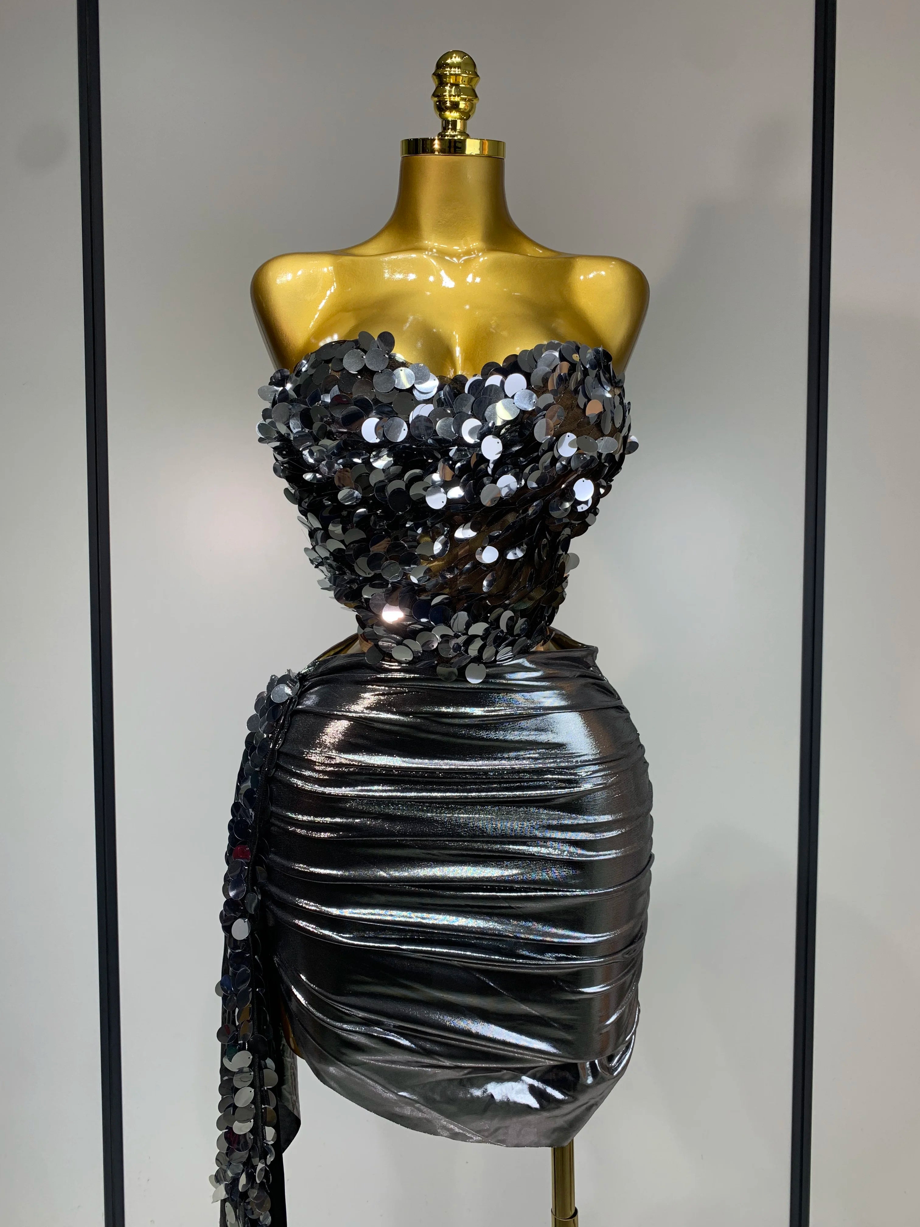 Sparkly Sequin Two Piece Set Sexy Strapless Backless Women Outfit Evening Party Nightclub Stage Performance Dance Costume