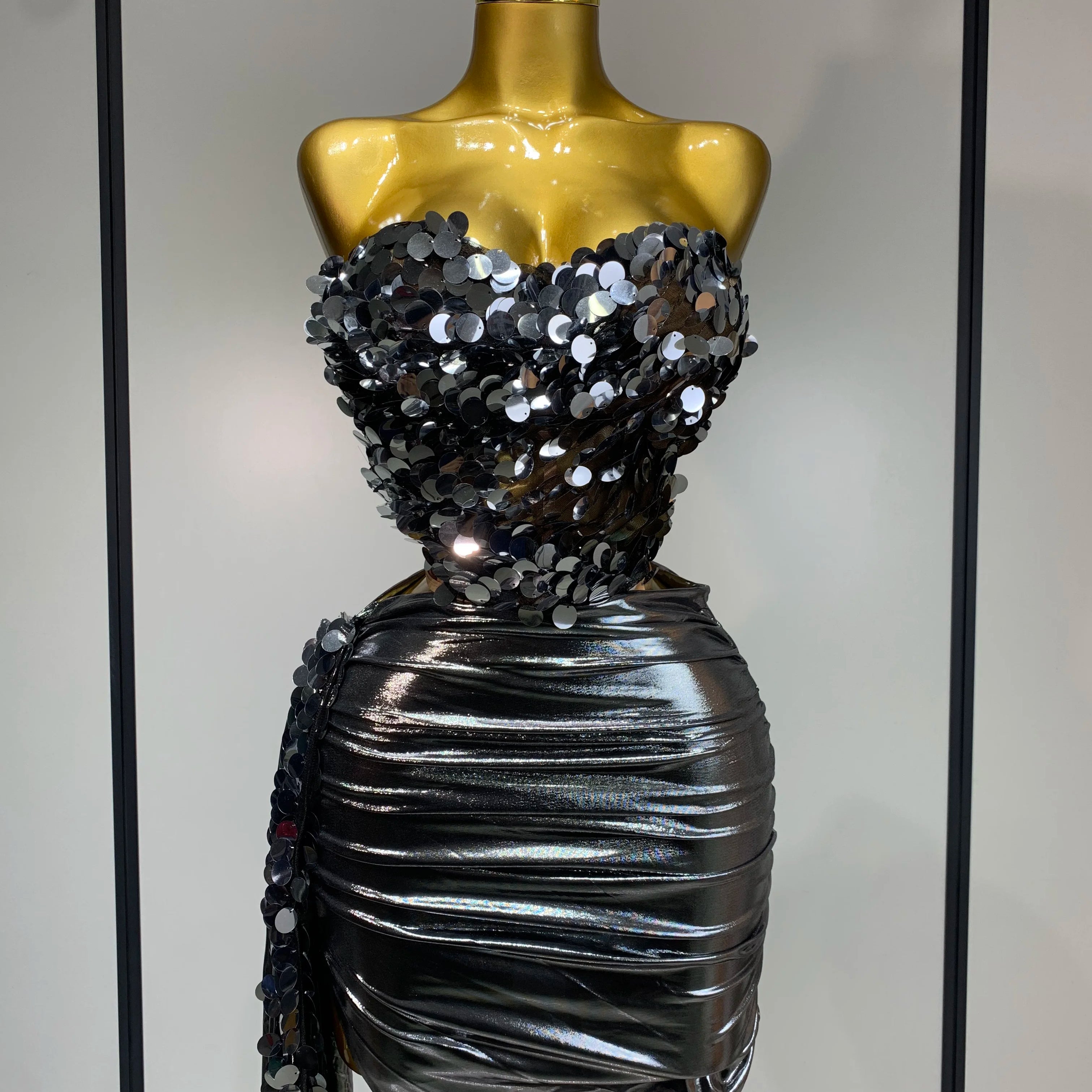 Sparkly Sequins Short Dress Women Sexy Party Evening Prom Celebrate Birthday Photo Shoot Two-piece set Nightclub Dance Costume