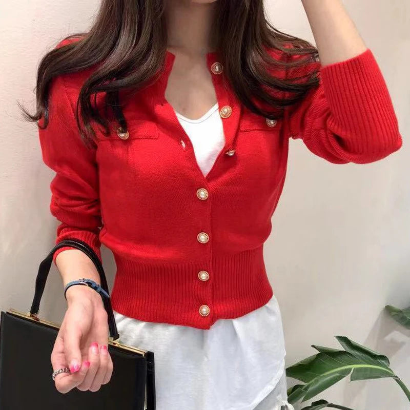 Autumn Long Sleeve Fashion Women Cardigans Sweater Knitted Coat Short Casual Single Breasted Korean Slim Chic Ladies Tops 17375 Red One Size