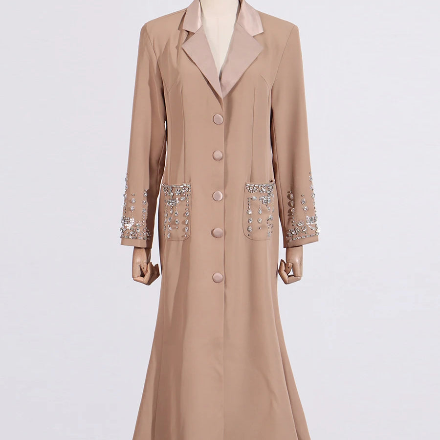 TWOTWINSTYLE Solid Slimming Spliced Diamonds Dresses for Women Lapel Long Sleeves Patchwork Single Breasted Dress Female Fashion